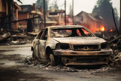 Burnt Out Car Wreckage In Fire Damaged Neighborhood