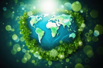 World Map Surrounded By Lush Green Forest Foliage