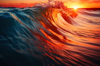 Golden Hour Ocean Wave Breaking At Sunset