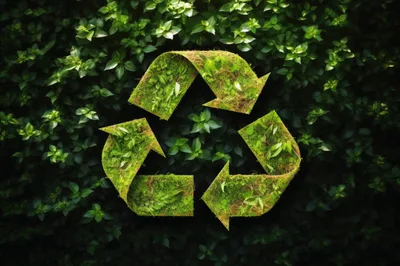 Recycle Symbol Made Of Lush Green Moss And Leaves