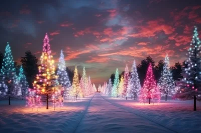 Illuminated Christmas Trees Lining A Snowy Winter Path