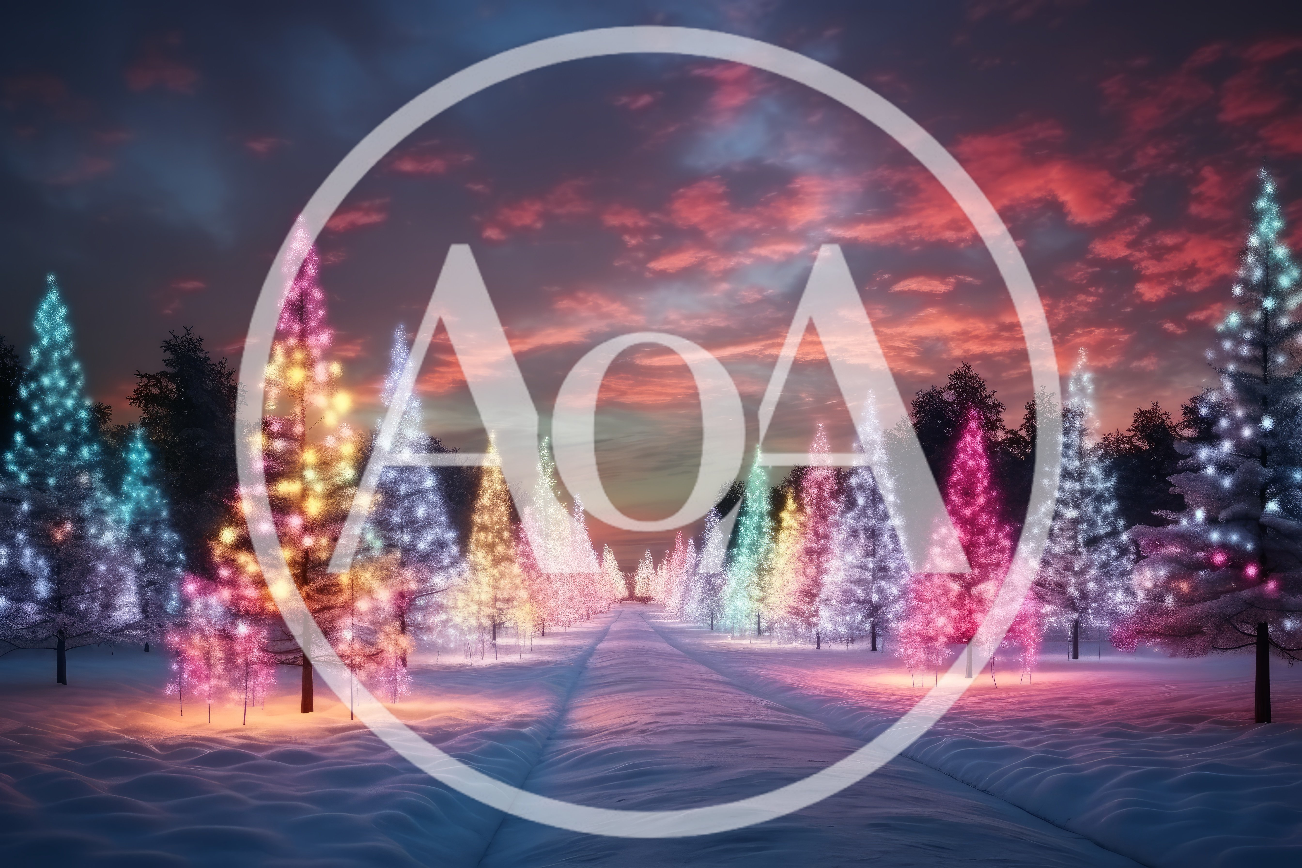 Illuminated Christmas Trees Lining A Snowy Winter Path