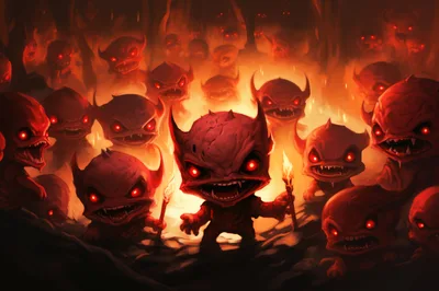 Group Of Menacing Red Demon Creatures In Hell