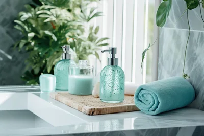 Spa Bathroom Countertop With Teal Toiletries And Towel