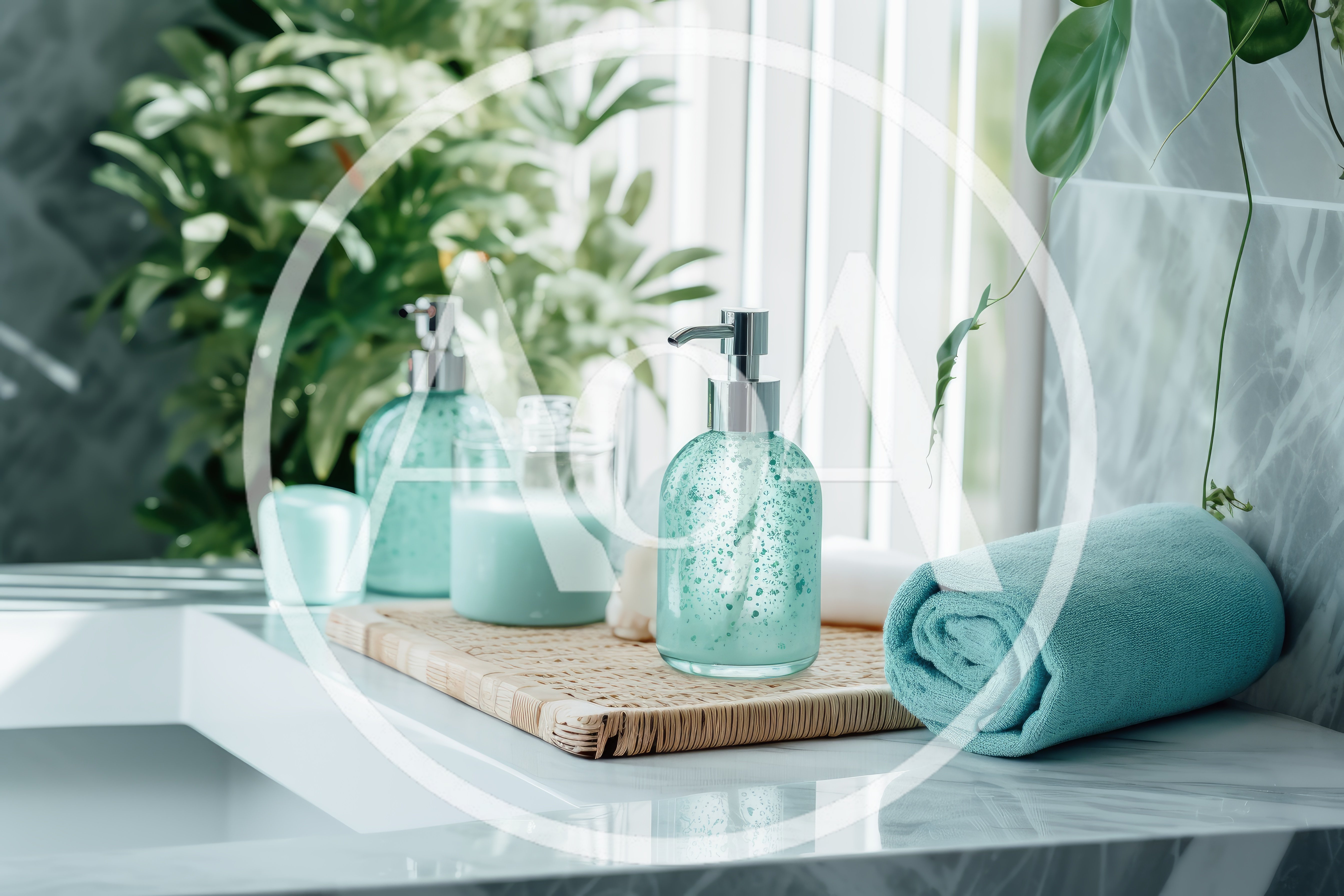 Spa Bathroom Countertop With Teal Toiletries And Towel