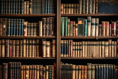 Antique Bookshelves Filled With Vintage Leather Bound Volumes
