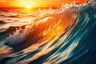 Golden Hour Ocean Wave Breaking At Sunset