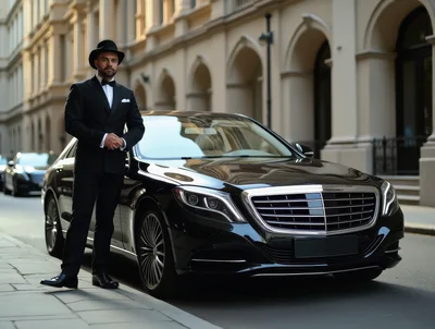 Chauffeur Standing Beside Luxury Black Sedan