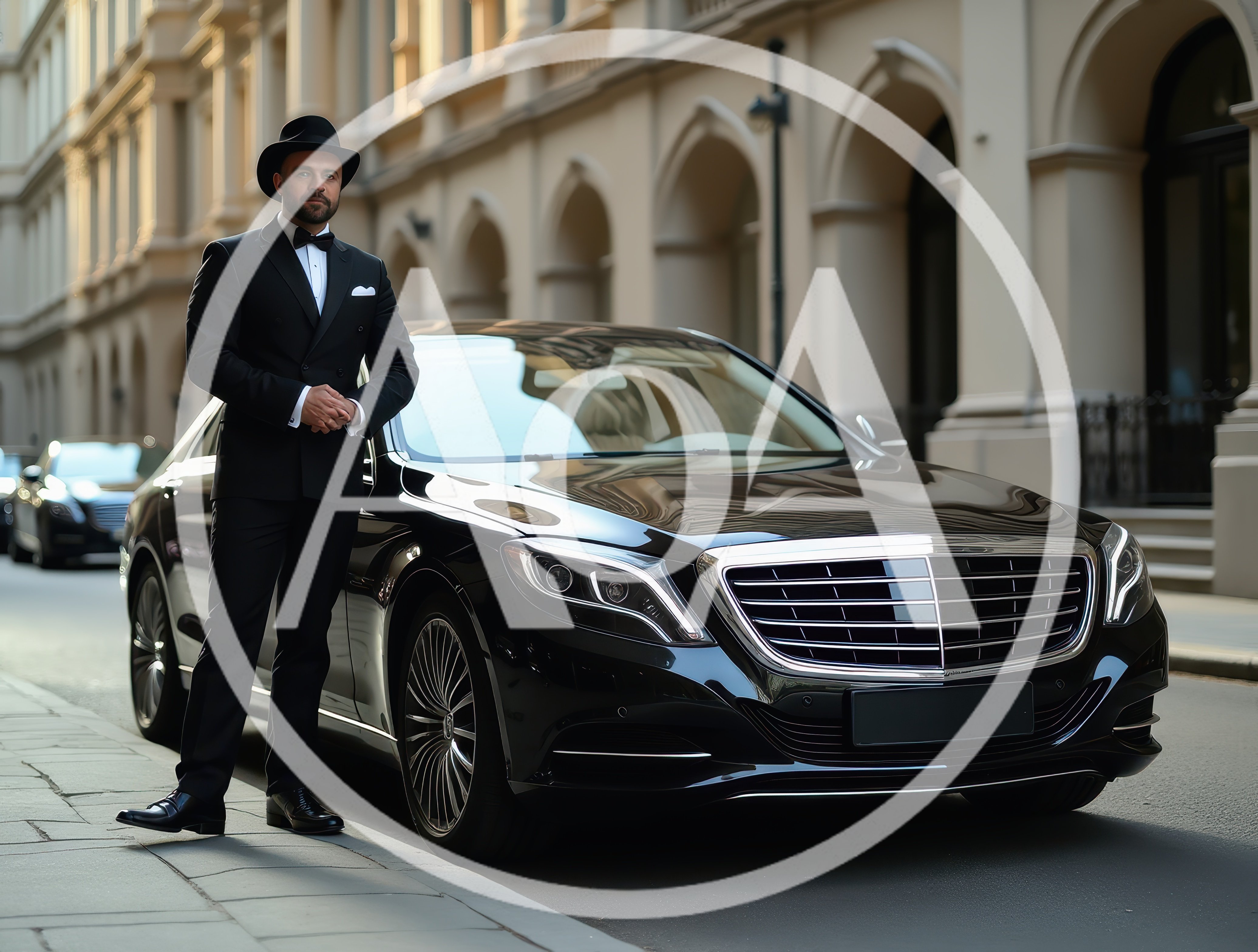 Chauffeur Standing Beside Luxury Black Sedan