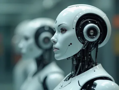 Futuristic Android Robots Standing In A Row