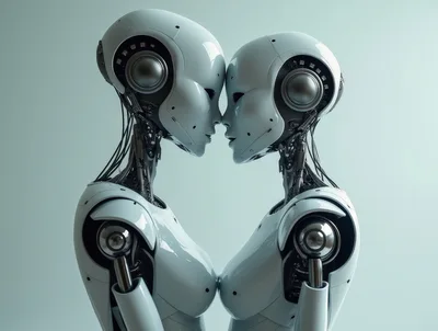 Two Futuristic Androids Facing Each Other In Intimate Pose