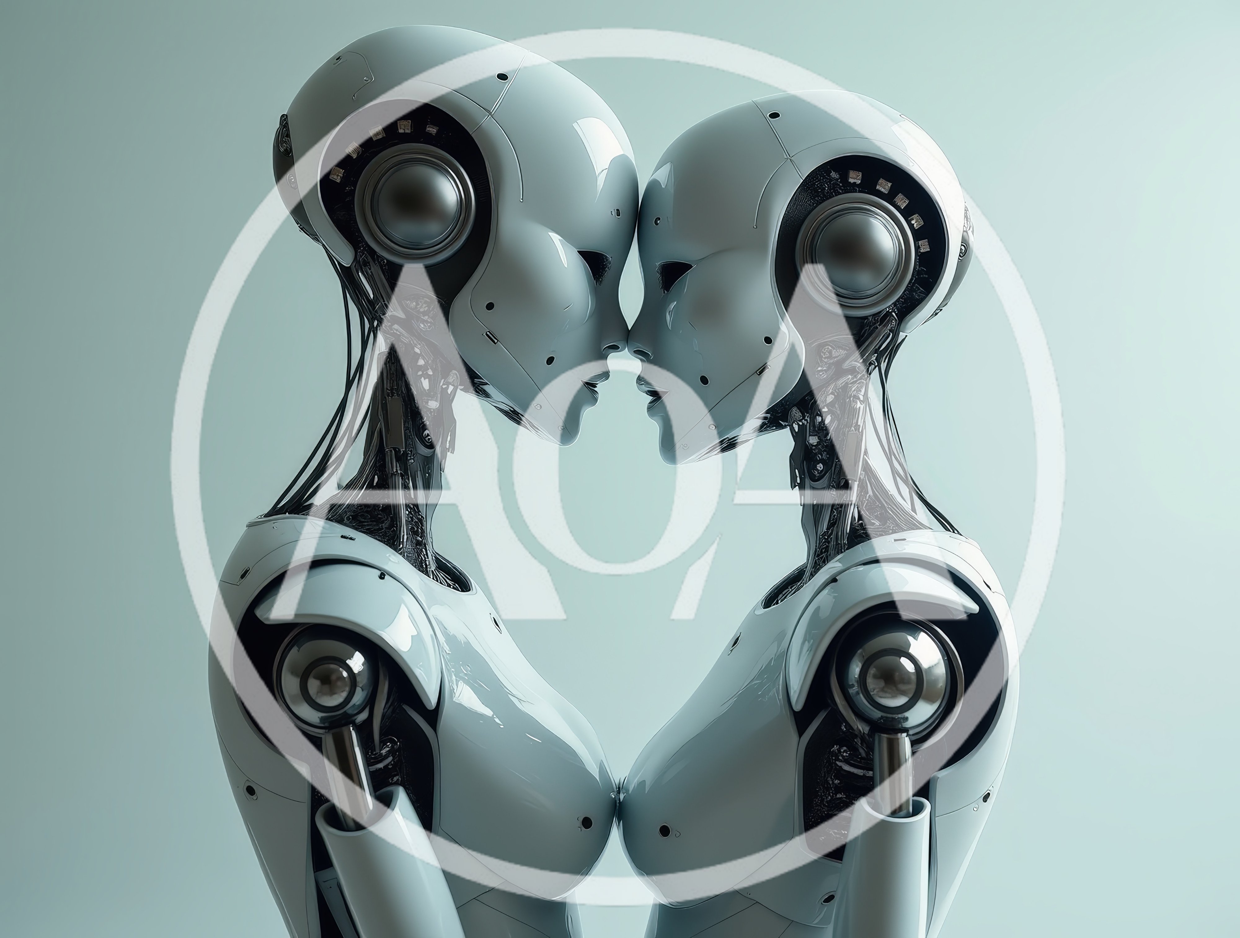 Two Futuristic Androids Facing Each Other In Intimate Pose