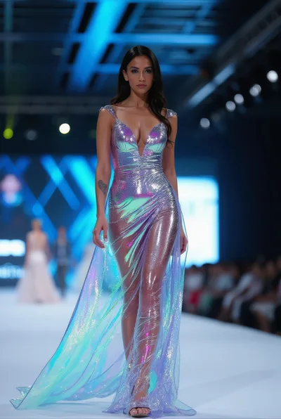 Fashion Model Walking Down The Runway In Iridescent Gown
