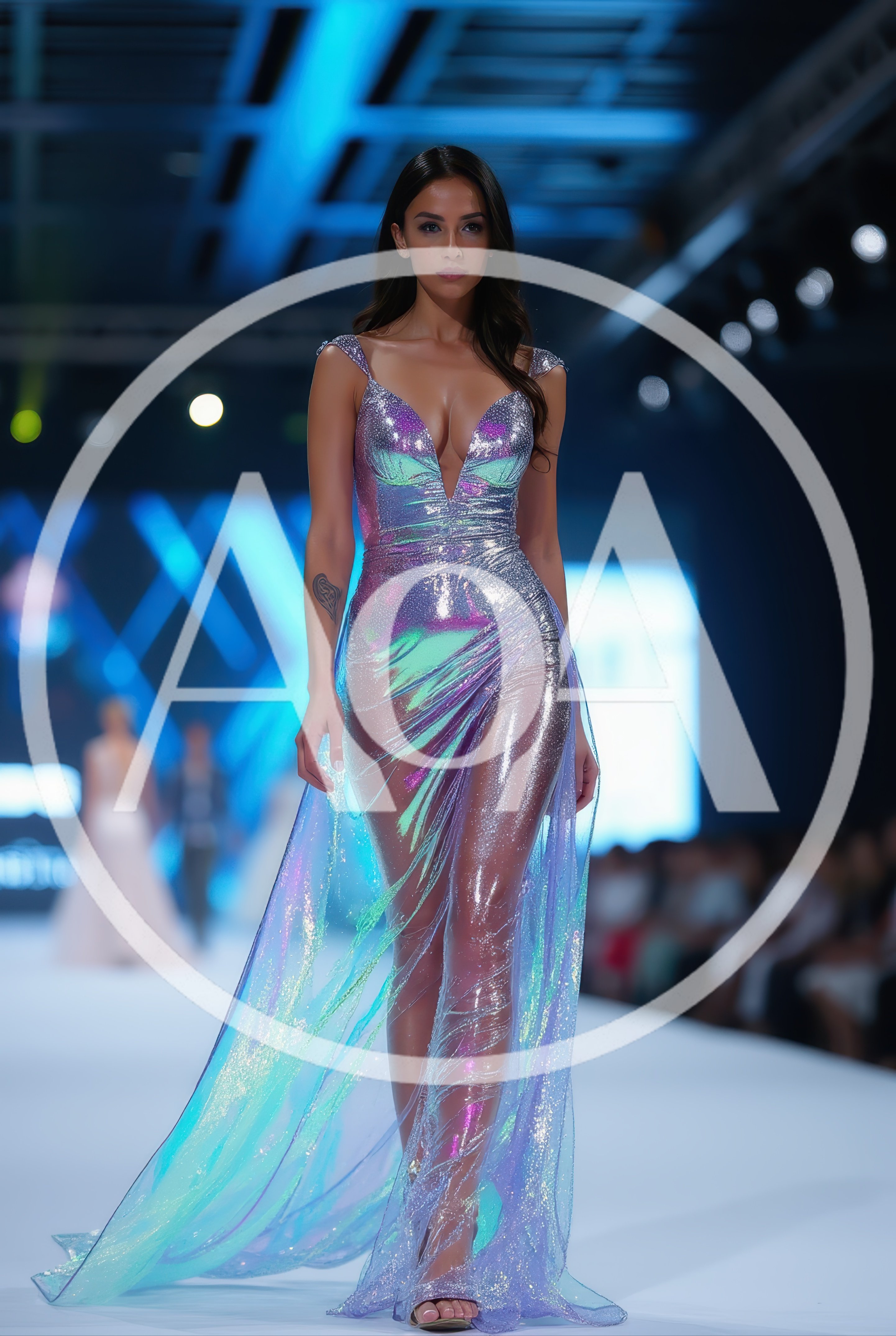 Fashion Model Walking Down The Runway In Iridescent Gown