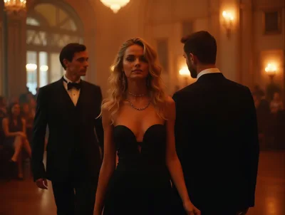 Elegant Woman Standing Between Two Men In Tuxedos