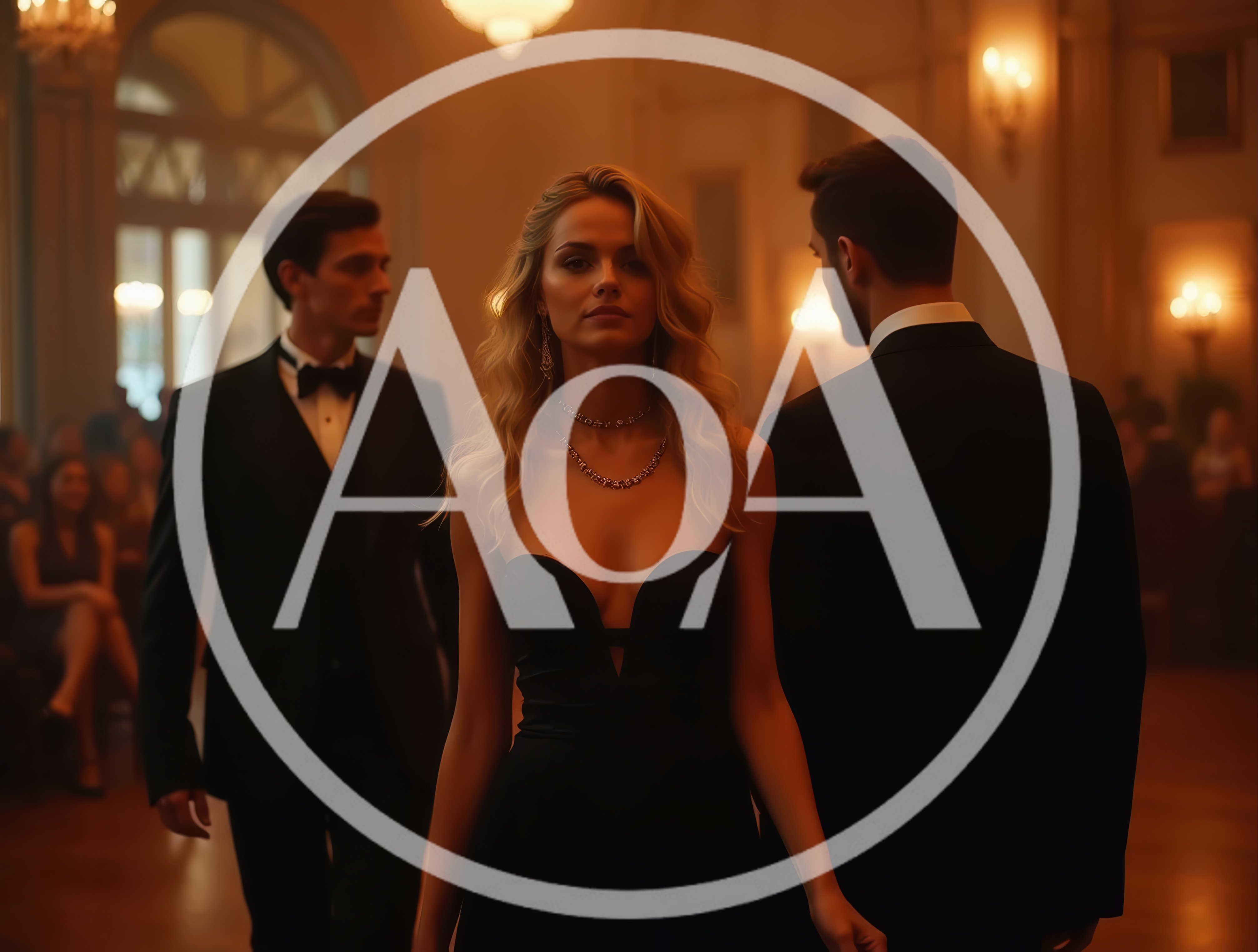 Elegant Woman Standing Between Two Men In Tuxedos