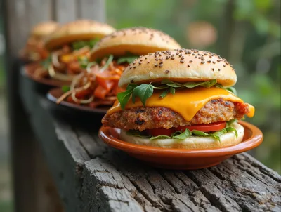 Gourmet Cheeseburgers Served On A Rustic Wooden Rail