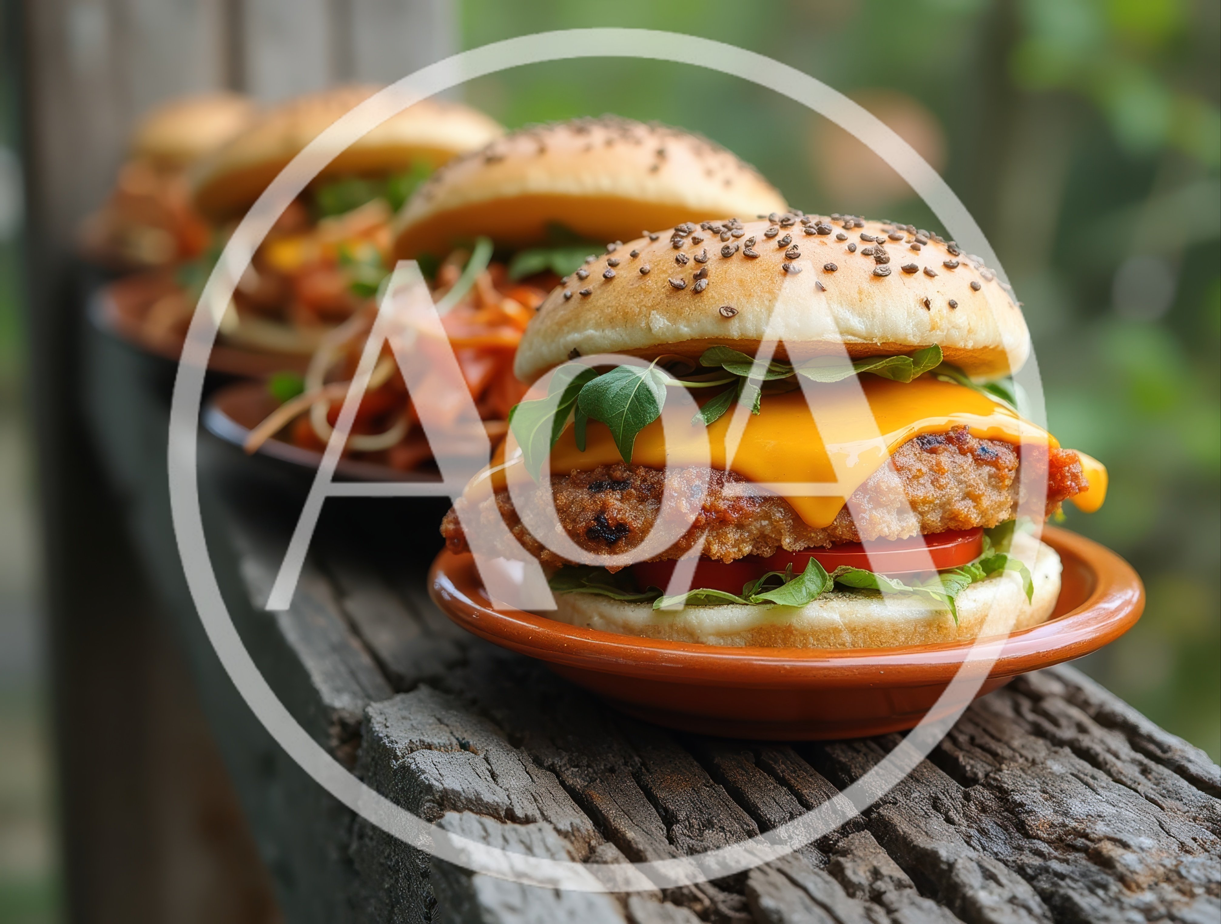 Gourmet Cheeseburgers Served On A Rustic Wooden Rail