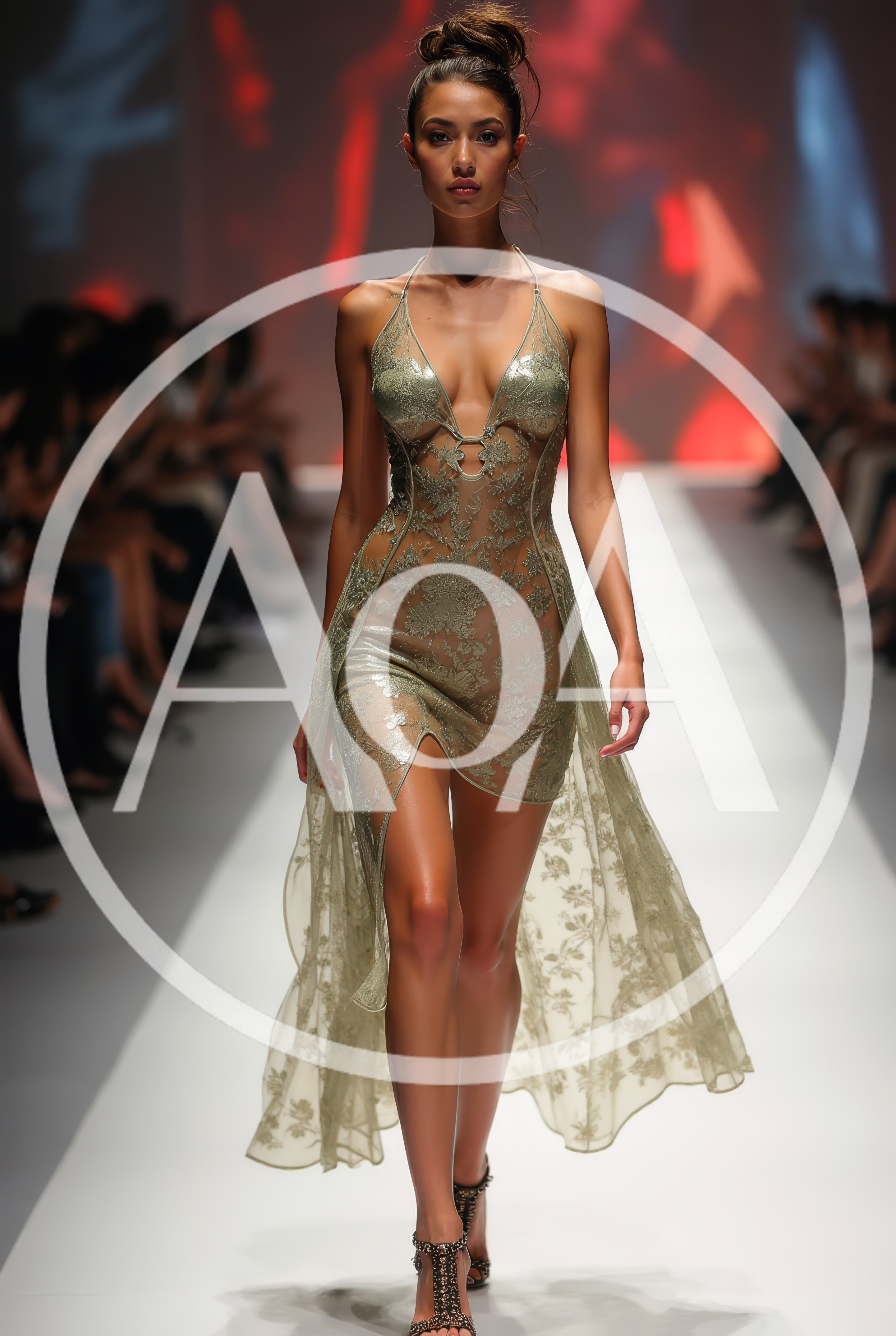 Fashion Model Walking Down The Runway In Sheer Dress