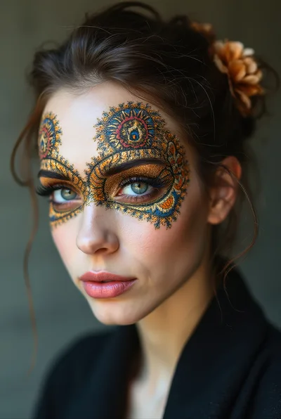 Portrait Of A Woman With Intricate Gold Glitter Face Art