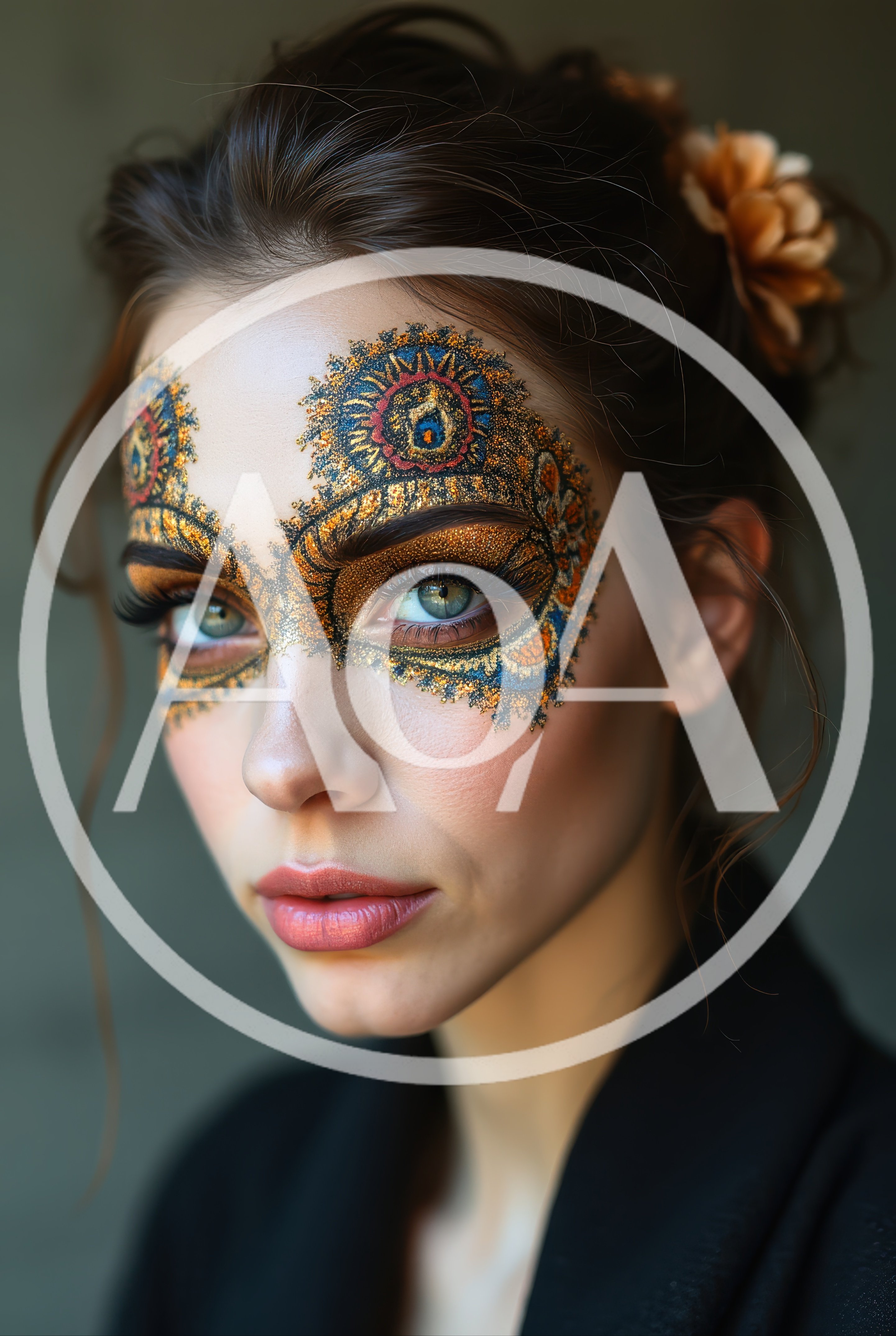Portrait Of A Woman With Intricate Gold Glitter Face Art