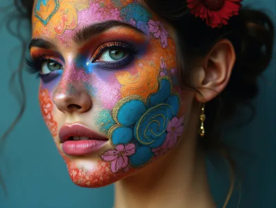 Portrait Of Woman With Intricate Floral Face Paint