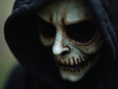 Close Up Of A Creepy Skeleton Mask In Hood