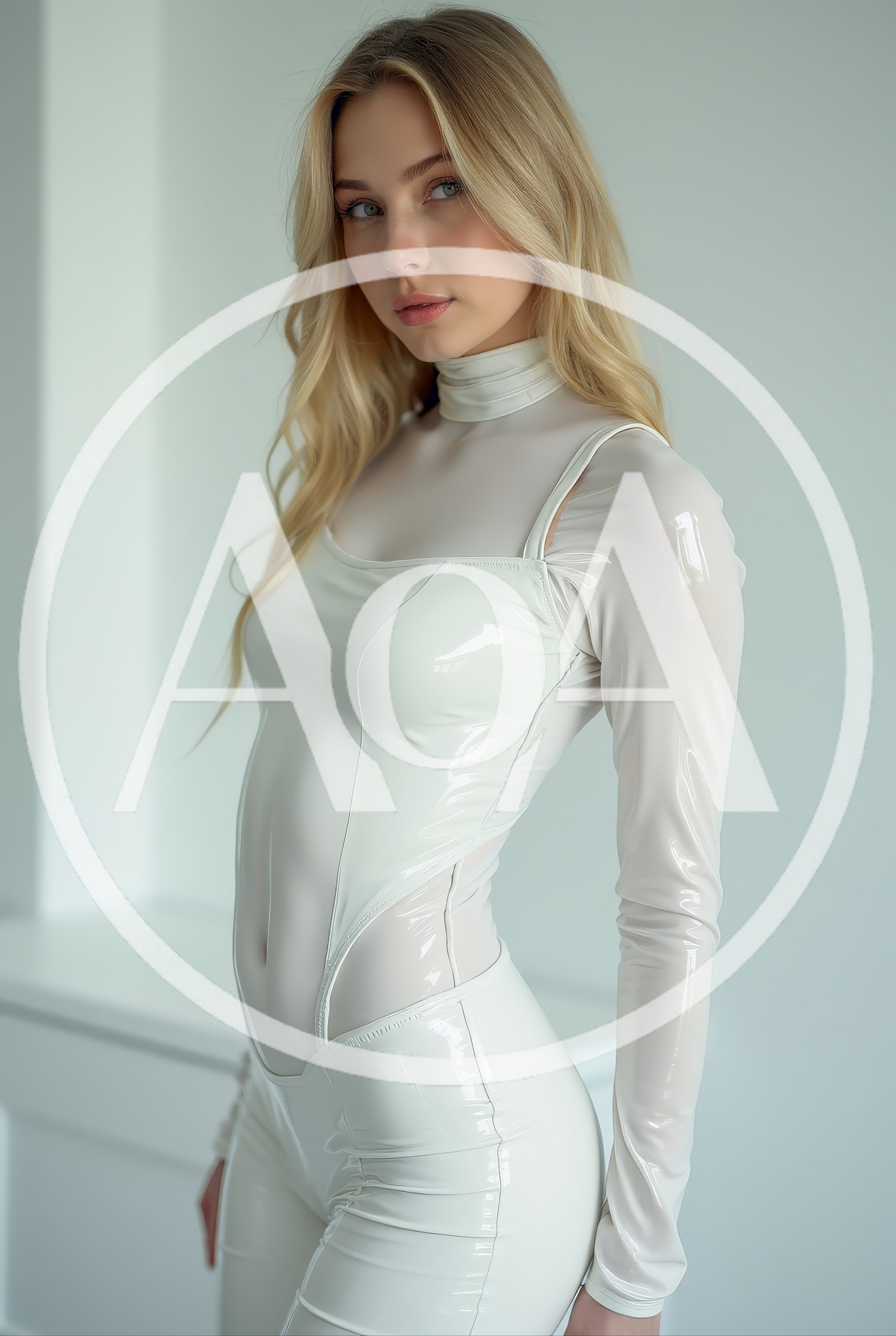 Portrait Of A Blonde Woman In White Latex Bodysuit