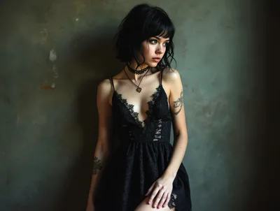 Gothic Woman With Tattoos Posing In Black Lace Dress