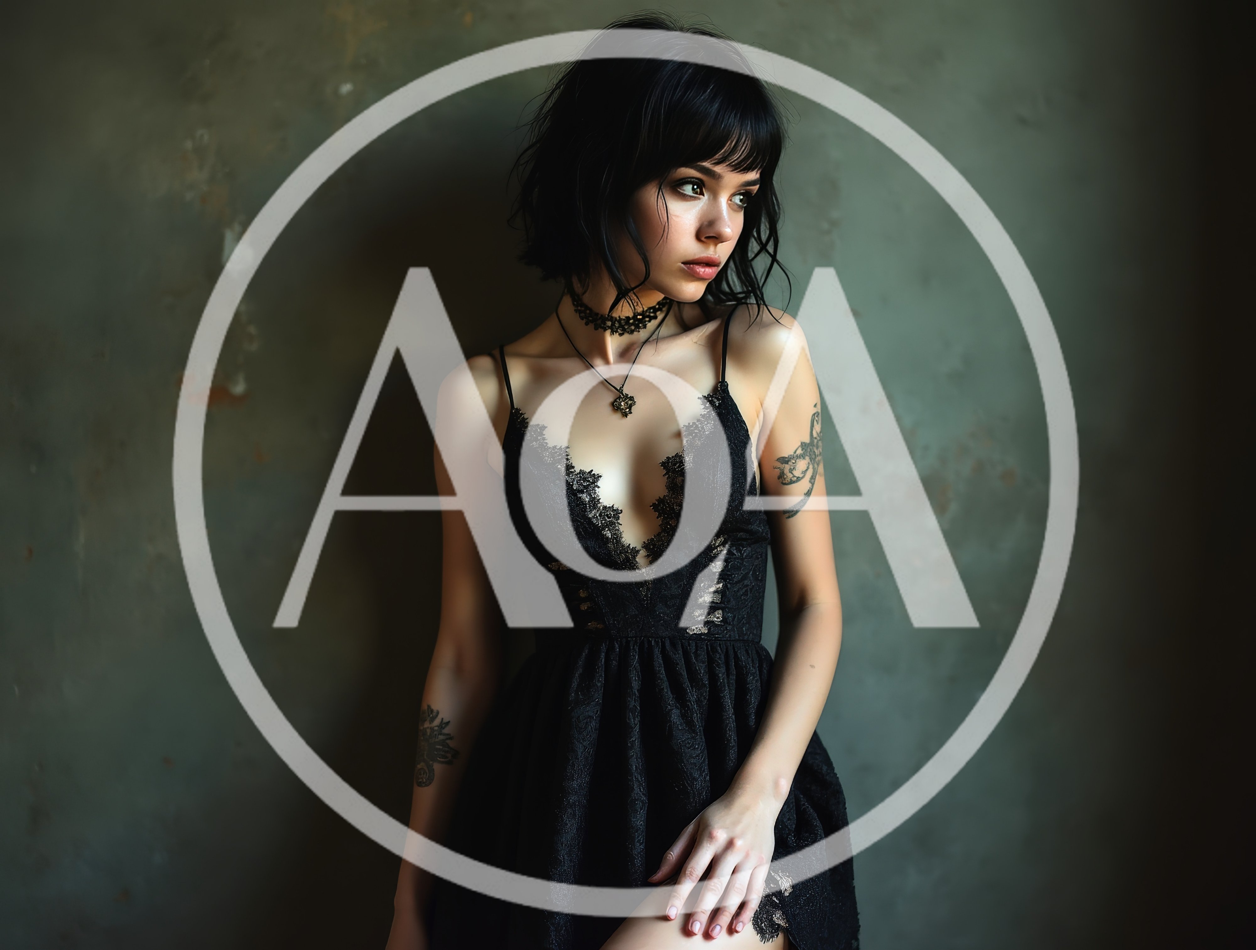 Gothic Woman With Tattoos Posing In Black Lace Dress