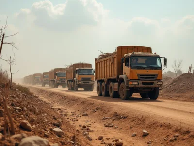 Convoy Of Dump Trucks On Dusty Rural Road