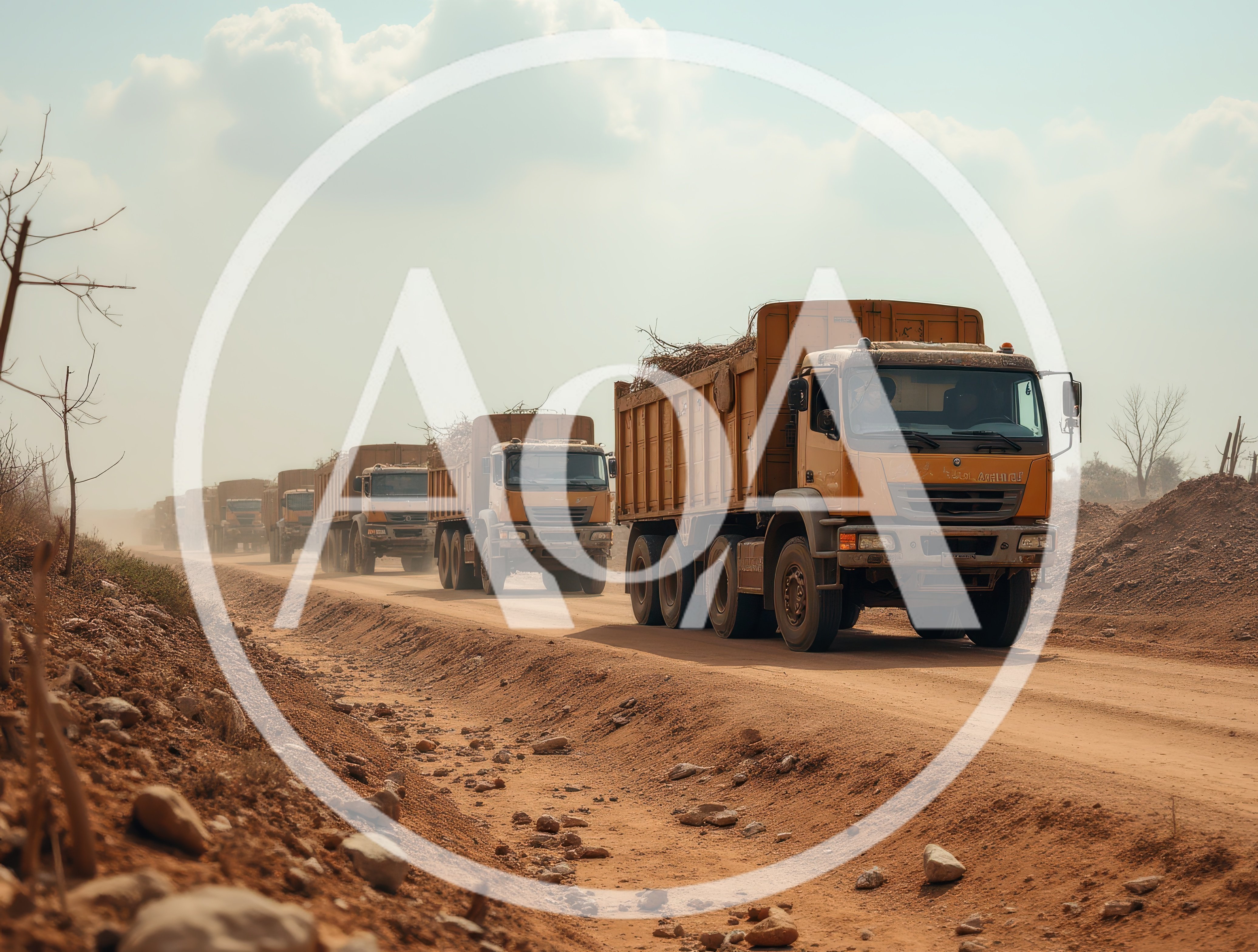 Convoy Of Dump Trucks On Dusty Rural Road