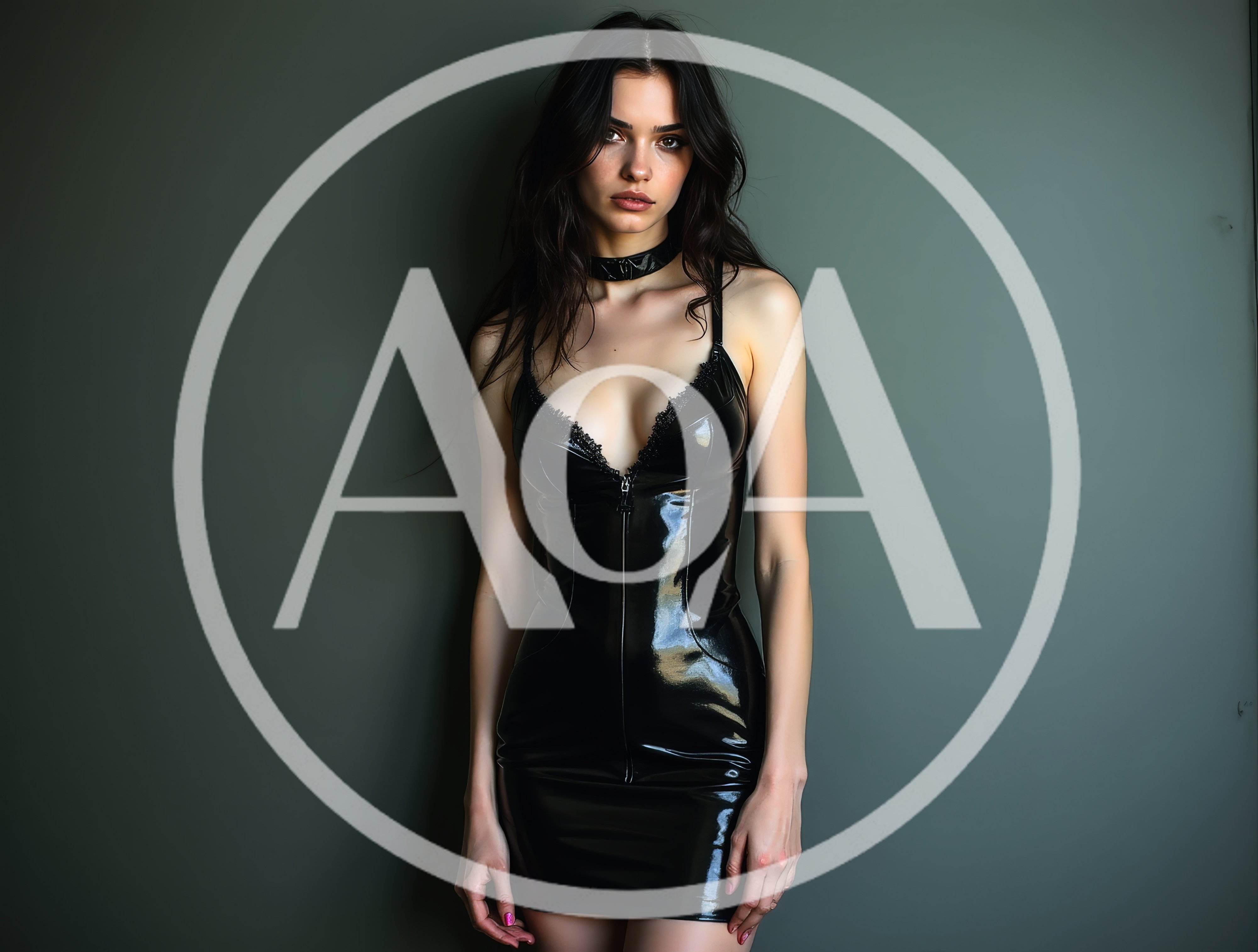 Young Woman Posing In Black Latex Mini Dress