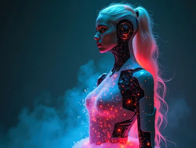 Cybernetic Woman With Glowing Particles And Smoke
