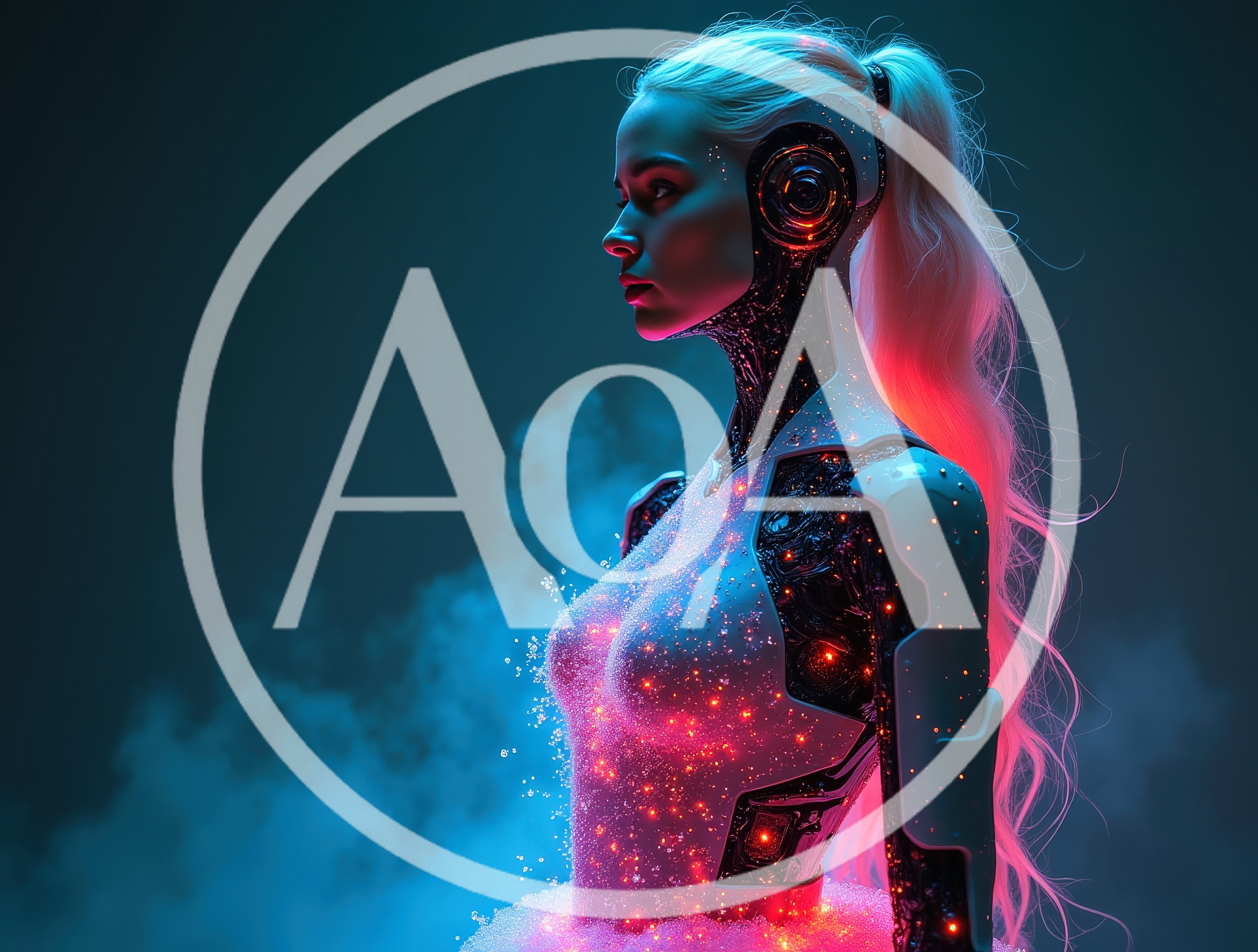 Cybernetic Woman With Glowing Particles And Smoke