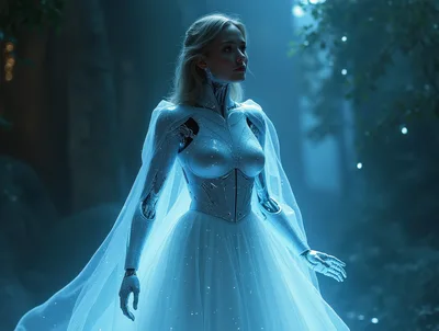 Futuristic Android Bride in Glowing White Gown