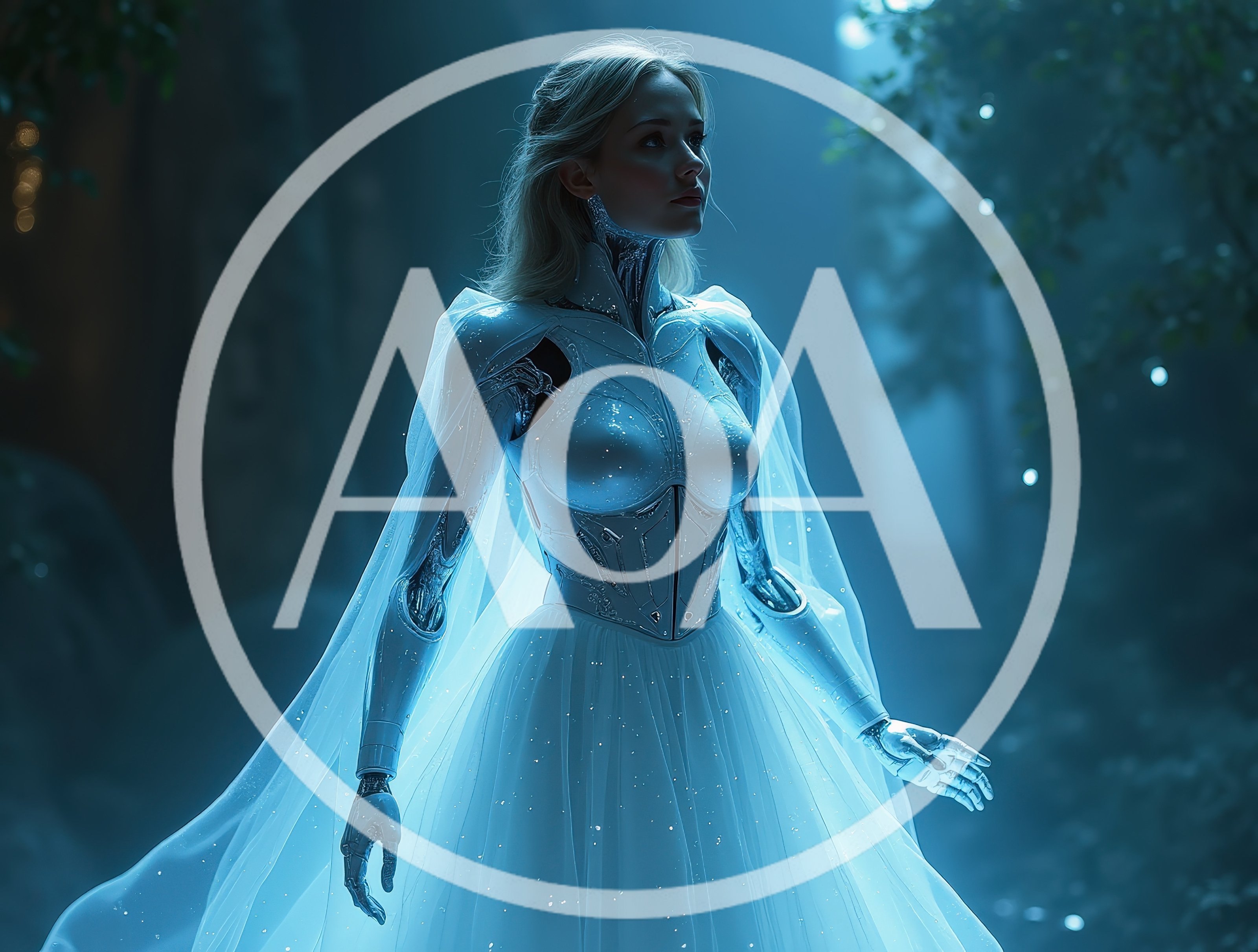 Futuristic Android Bride in Glowing White Gown