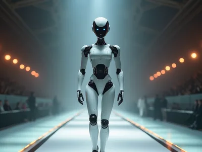Futuristic Humanoid Robot Walking Down A Fashion Runway