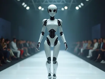 Futuristic Humanoid Robot Walking On A Fashion Runway