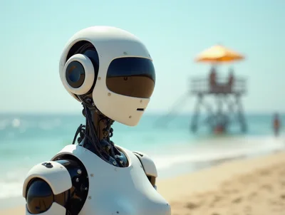 Futuristic White Android Robot Standing On A Sunny Beach