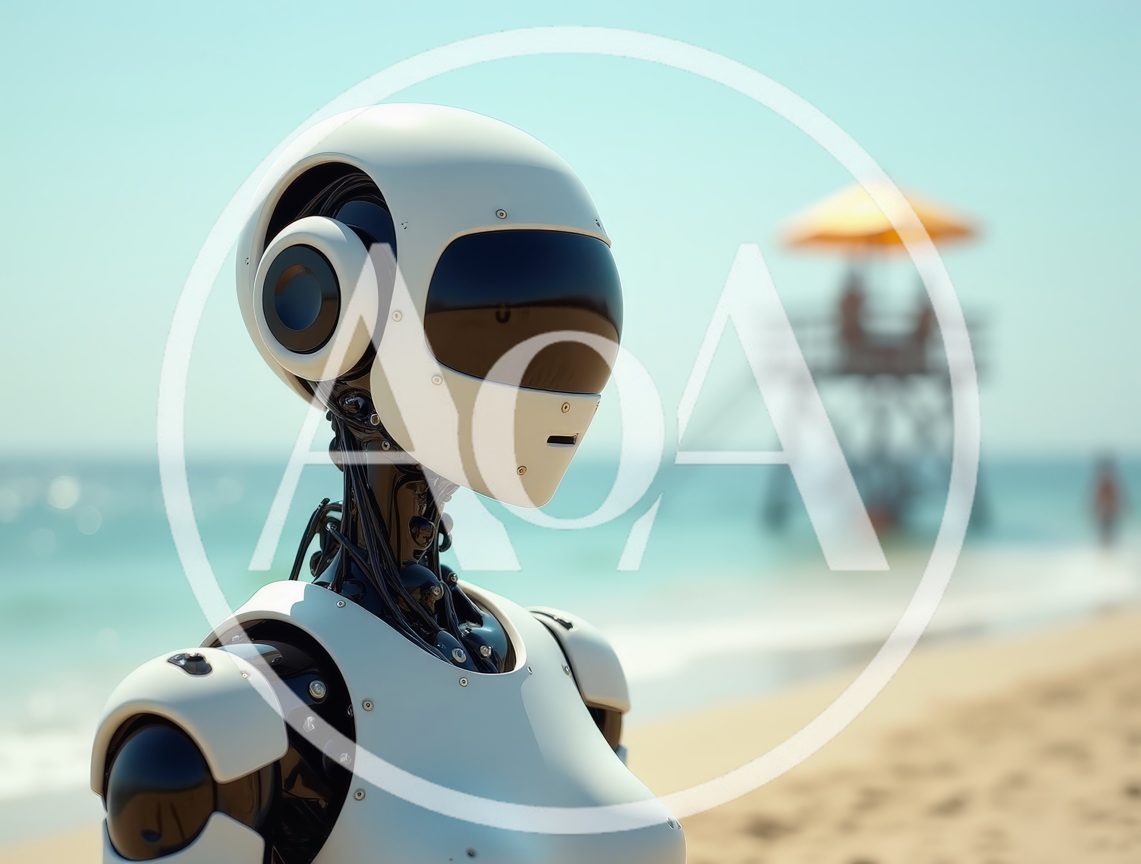 Futuristic White Android Robot Standing On A Sunny Beach