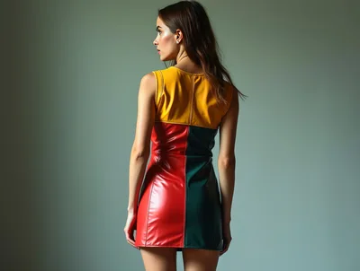 Fashion Model Posing In Color Block Leather Dress