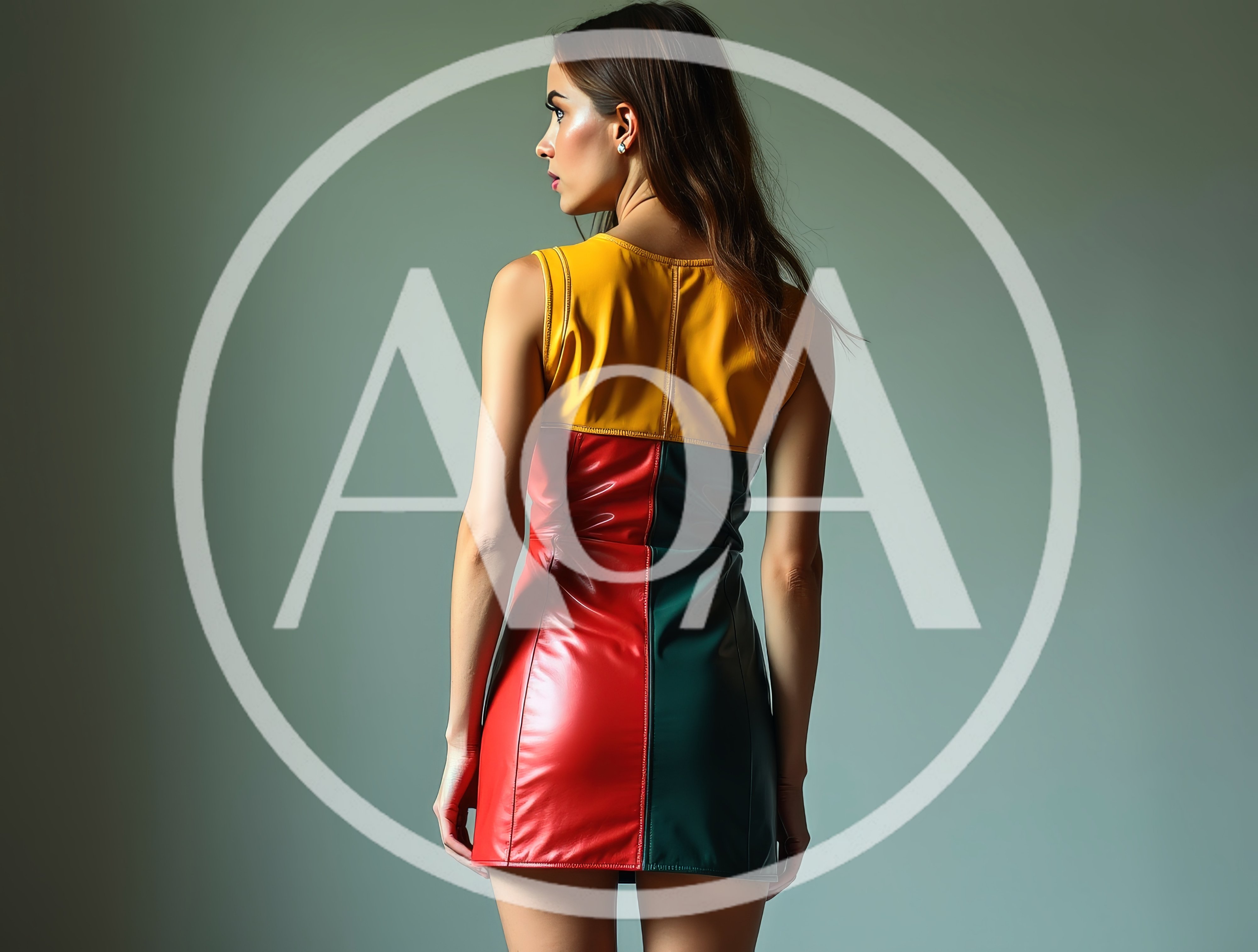 Fashion Model Posing In Color Block Leather Dress