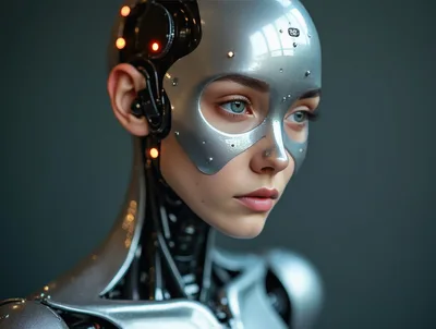 Cyborg Woman With Metallic Face Plate And Glowing Lights