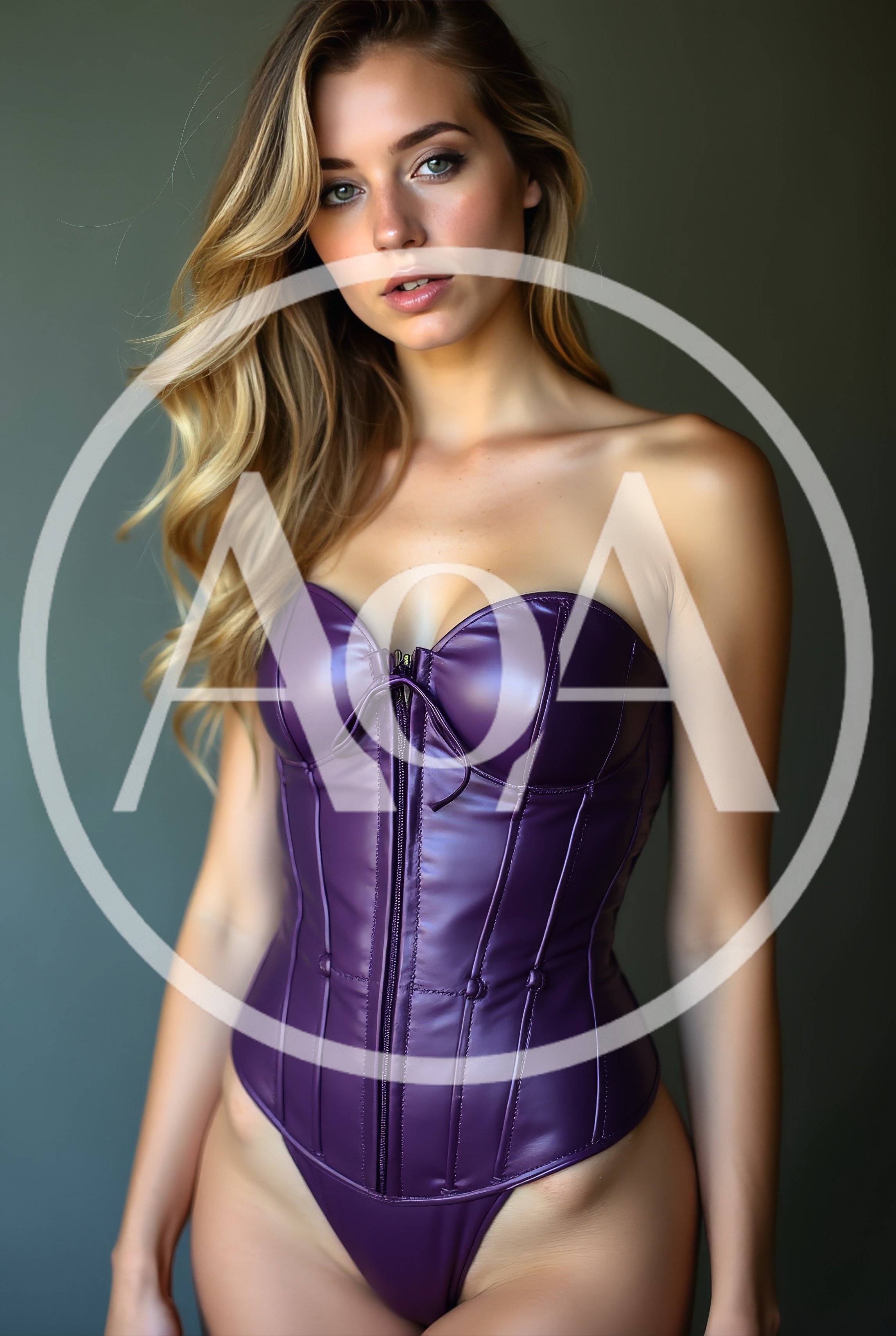 Portrait Of A Woman Wearing A Purple Leather Corset