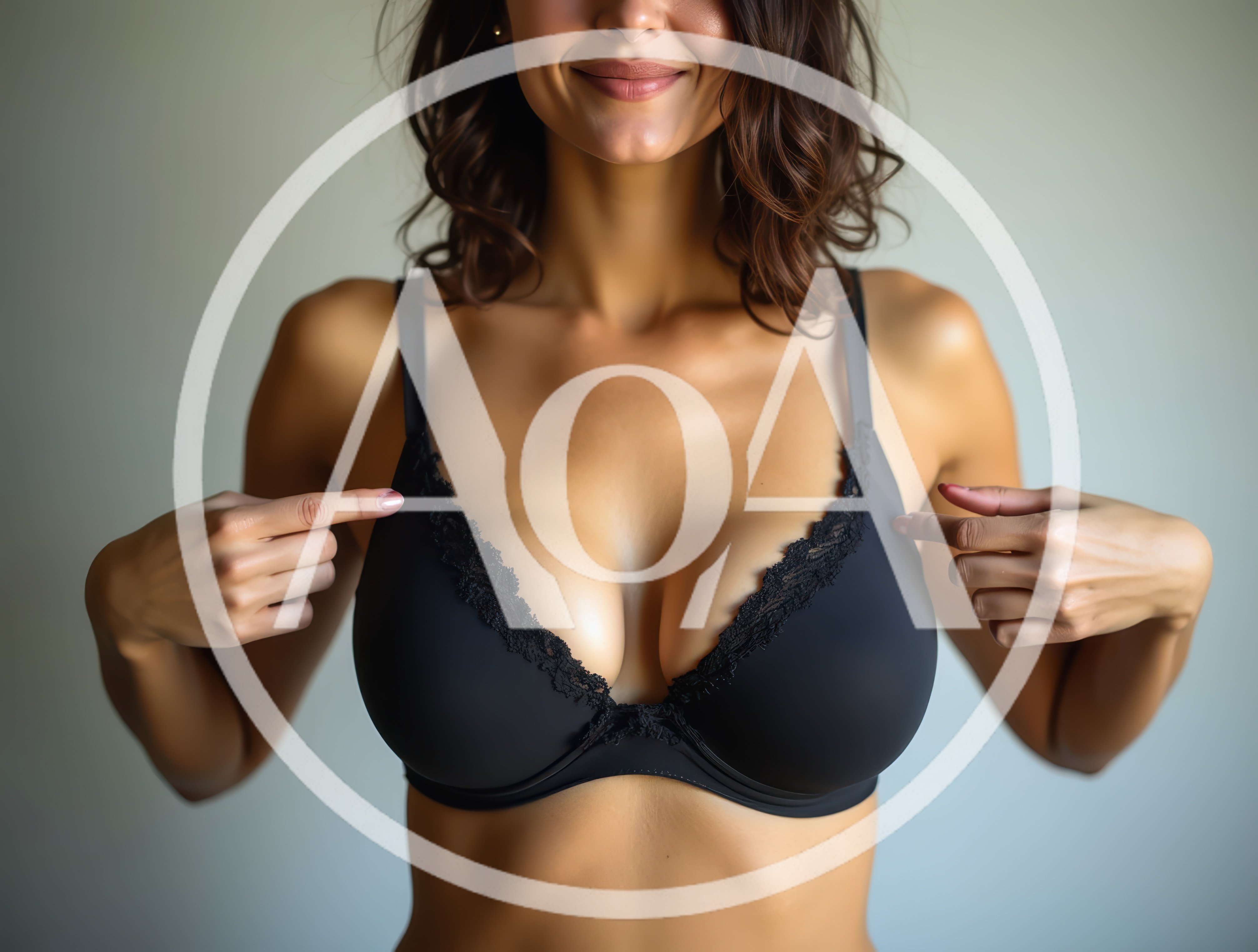 Woman Pointing At Her Black Lace Bra