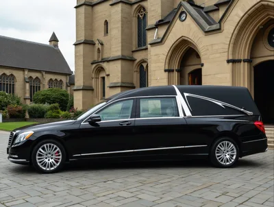 Black Mercedes Benz Hearse Parked Outside Historic Church