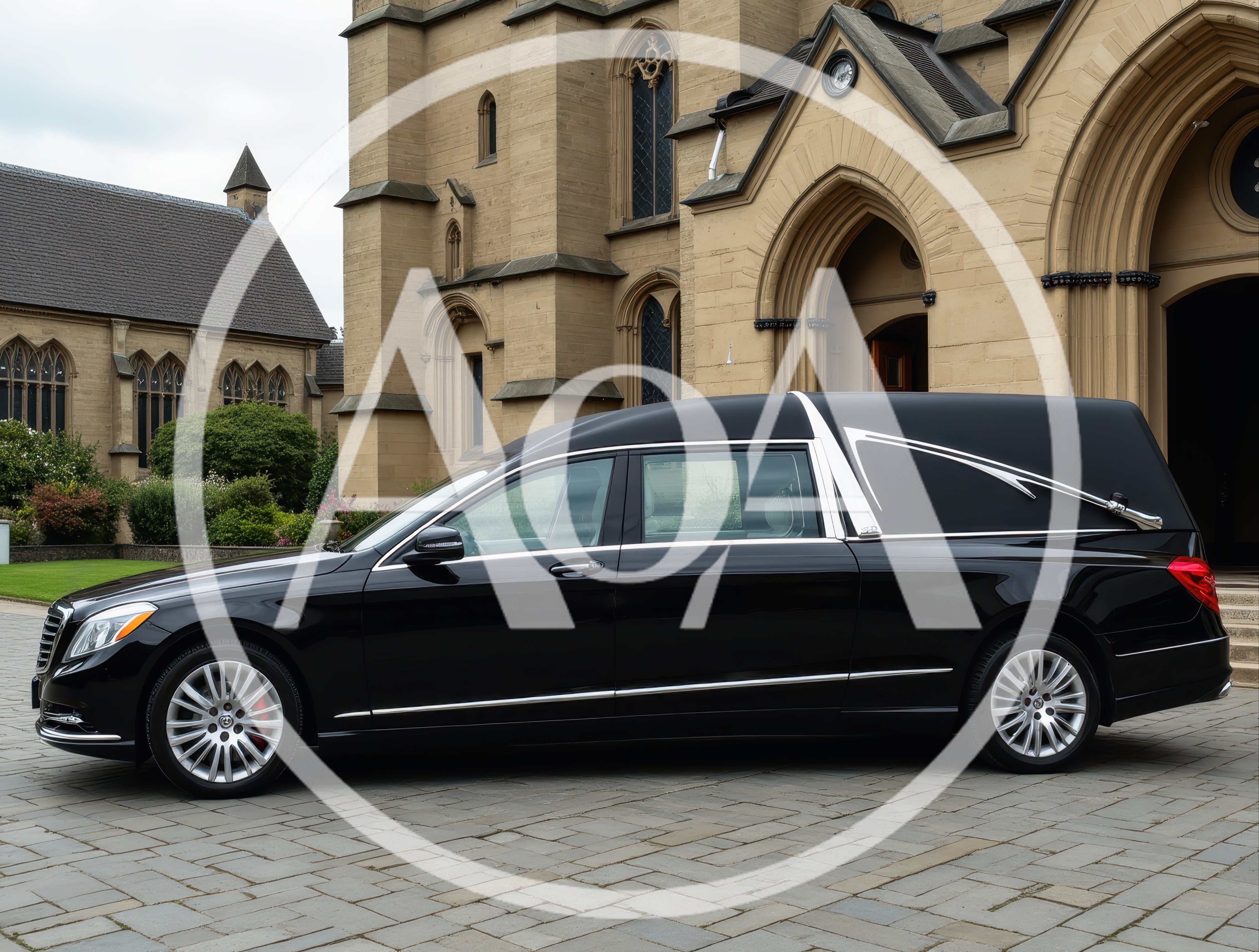 Black Mercedes Benz Hearse Parked Outside Historic Church