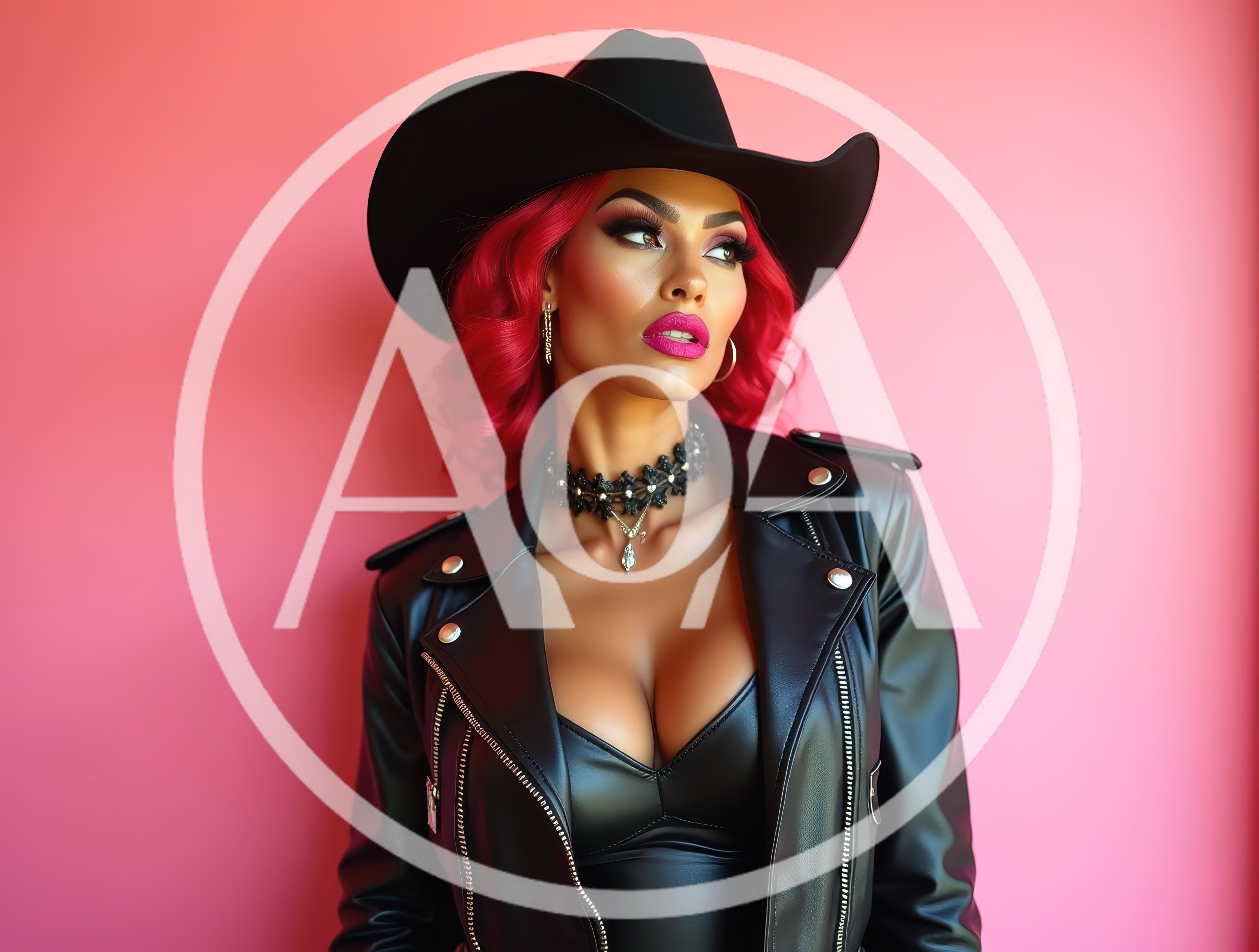 Stylish Woman With Red Hair Wearing Cowboy Hat