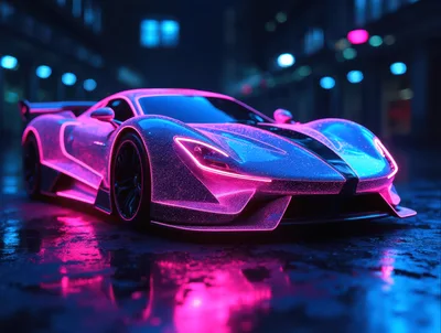 Neon Cyberpunk Supercar On Wet City Street